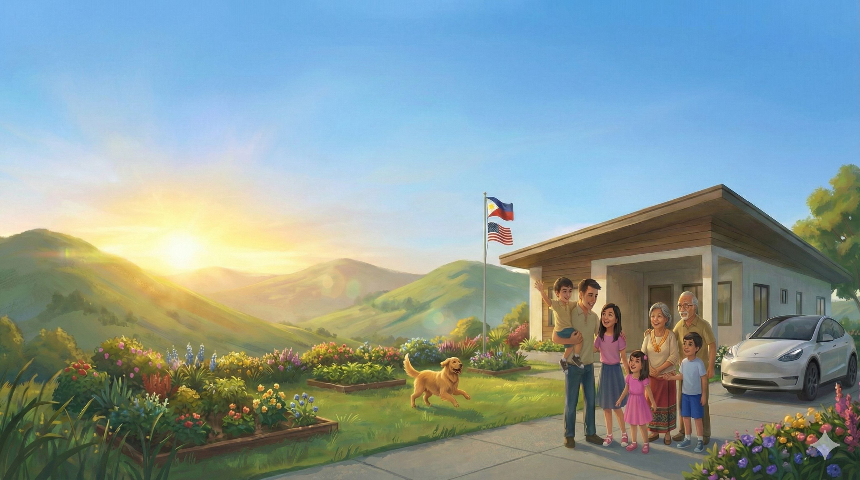 Filipino family with dog and garden in a beautiful landscape